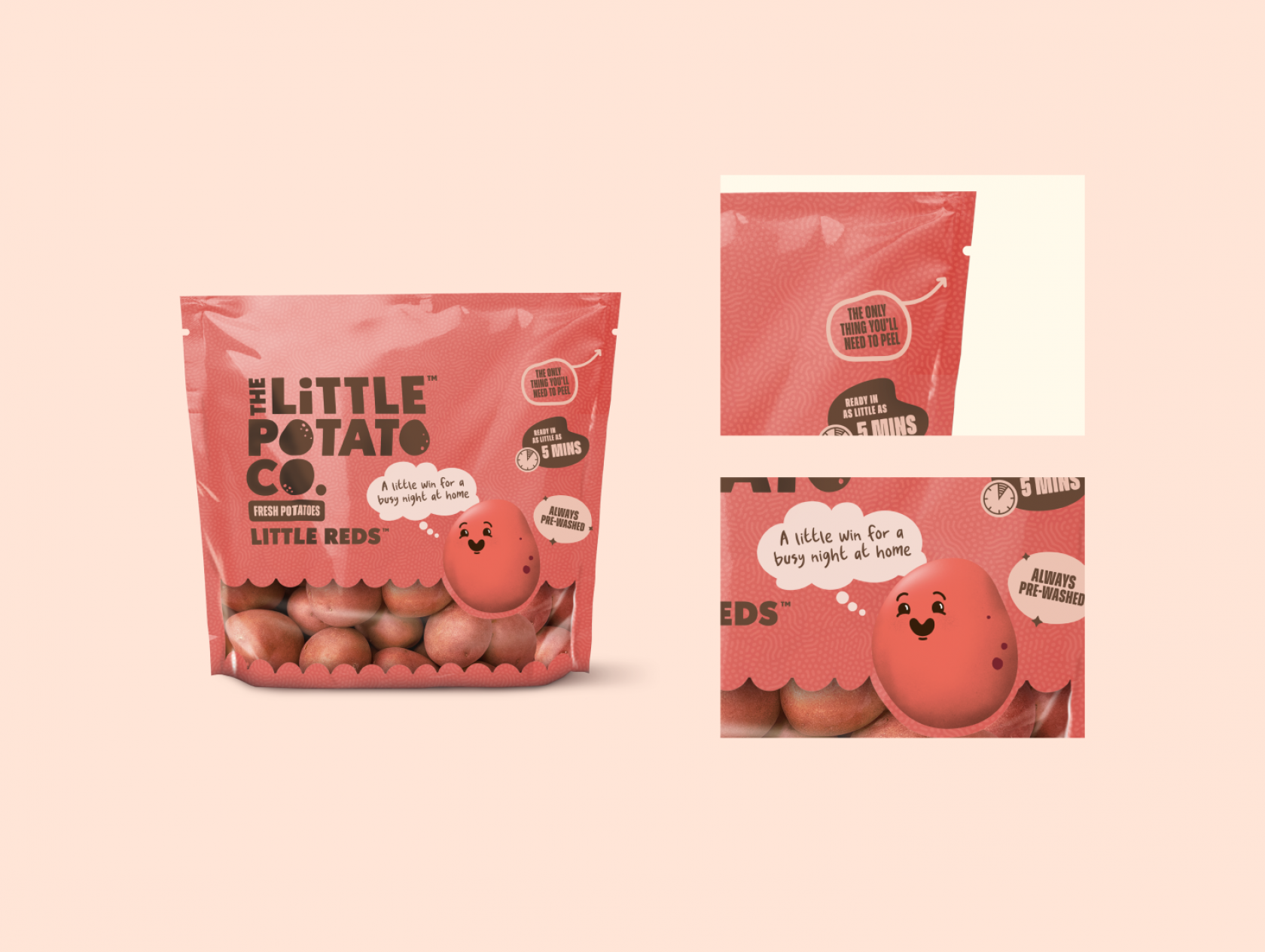 A bag of Little Reds potatoes, showing close ups of decorative details on the packaging.