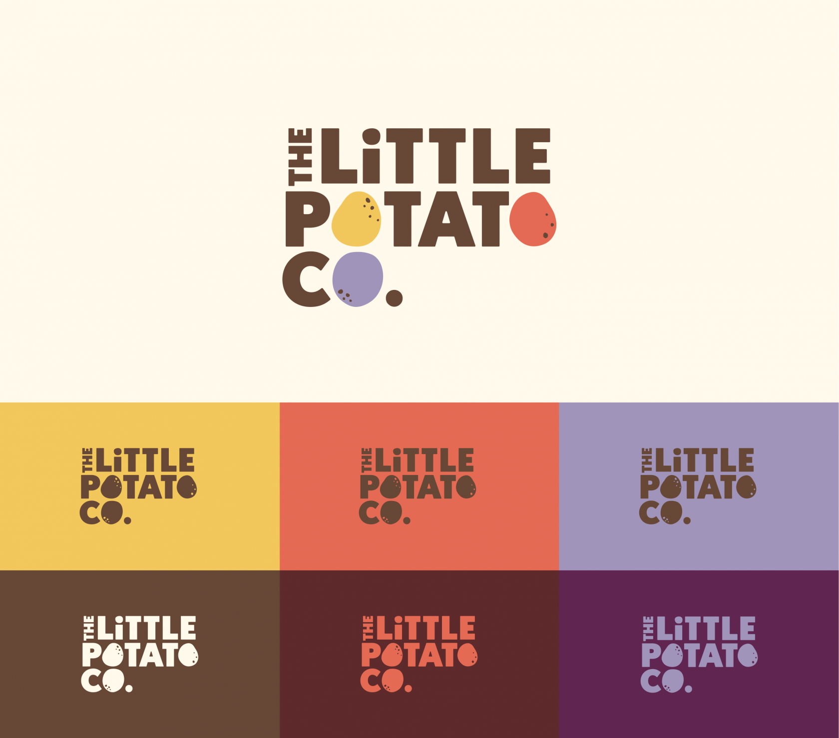Main The Little Potato Company logo with 6 color variations, including yellows, reds, and purples themed after the potatoes.