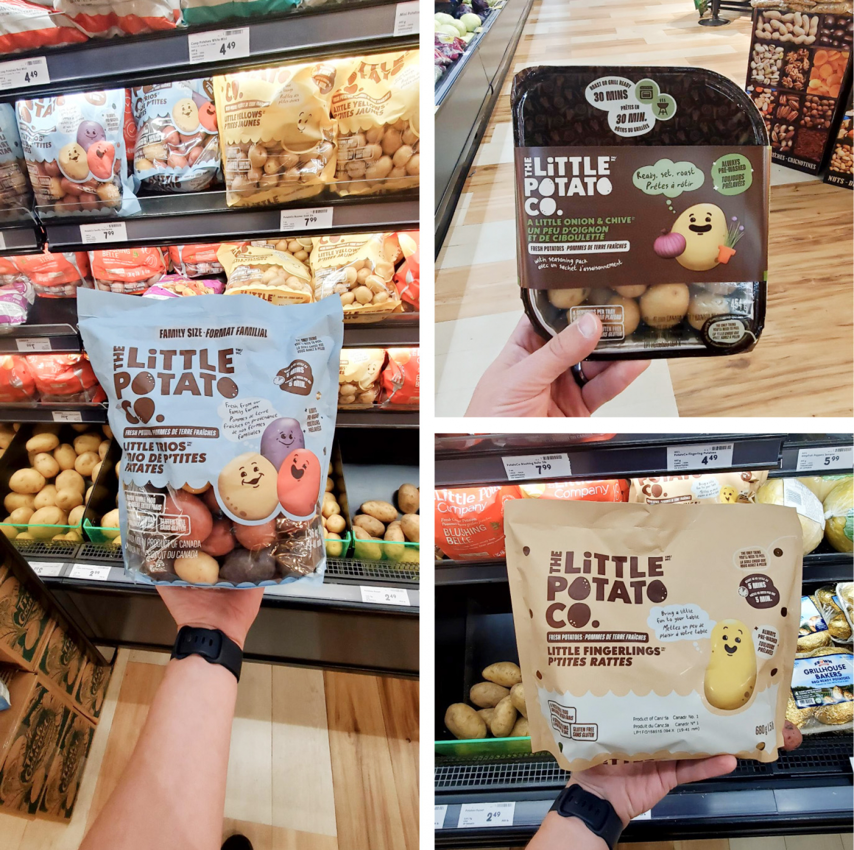 A hand holding up 3 different Little Potato Co packages in a grocery store.