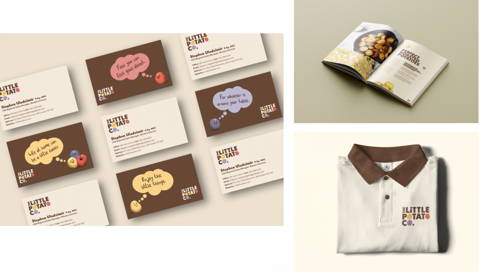 Little Potato Company logo applications on business cards, a cookbook spread, and collared t-shirt.