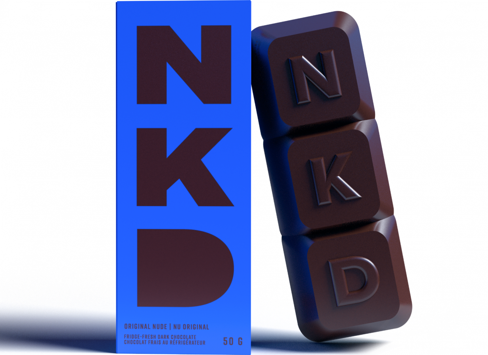 NKD chocolate leaning against its blue packaging