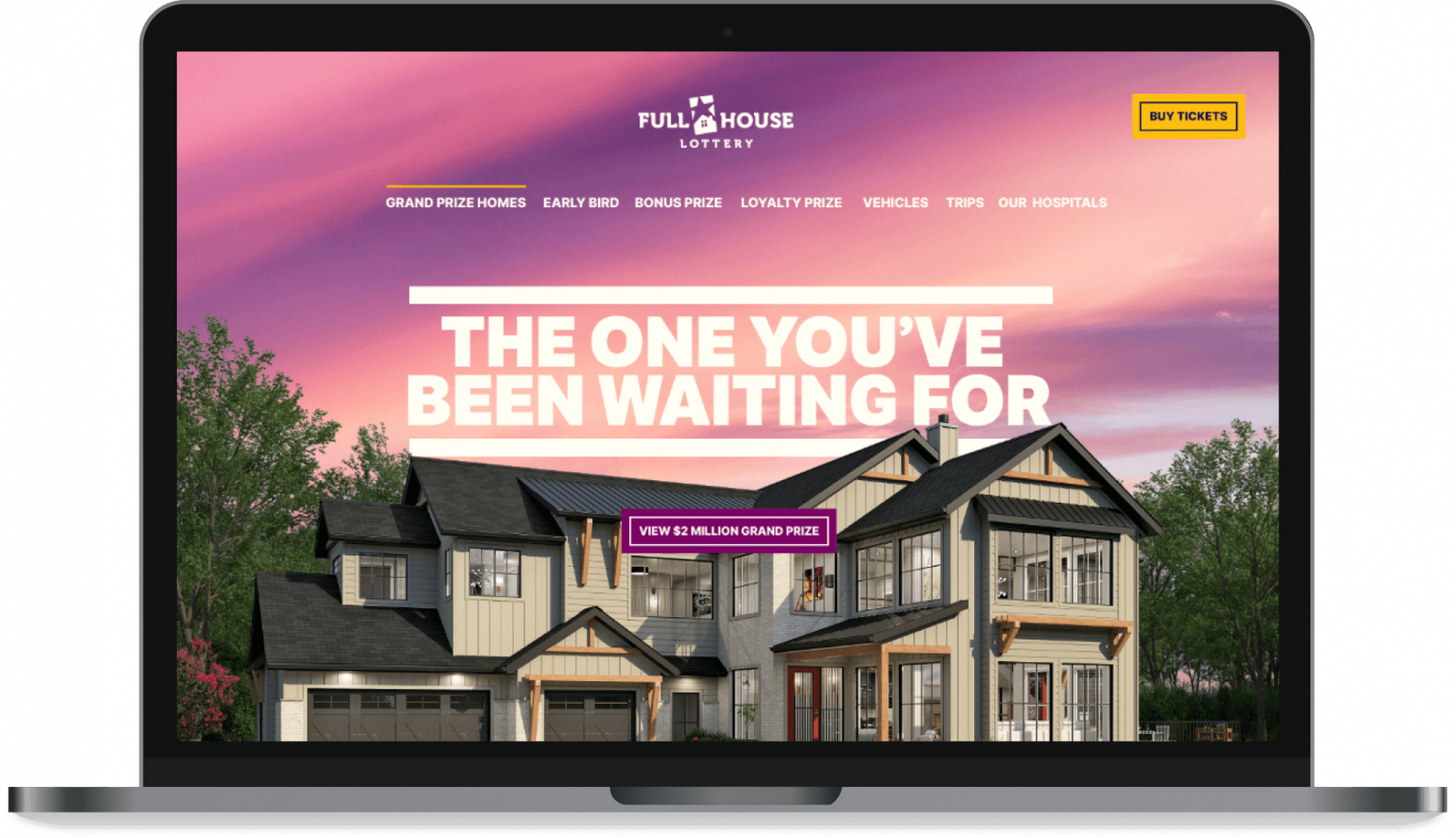 The full house lottery website up on a mac laptop with the title "The one you've been waiting for"